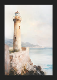 En plakat som viser et tidløst fyrtårn ved sjøen-5