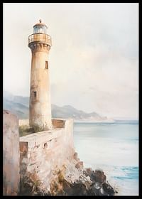 Un manifesto raffigurante un faro senza tempo in riva al mare-2