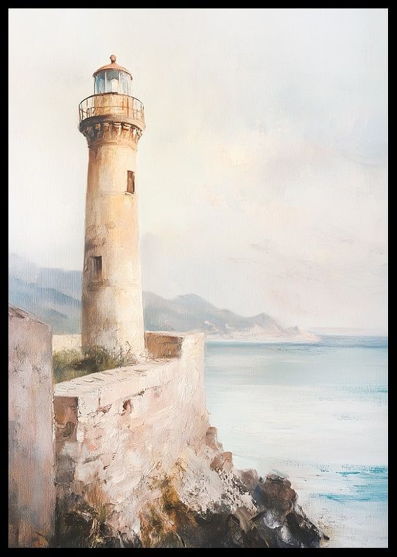 Un manifesto raffigurante un faro senza tempo in riva al mare-12