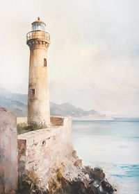 Un manifesto raffigurante un faro senza tempo in riva al mare-3