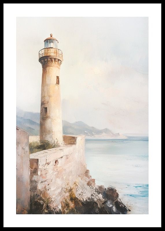 Un manifesto raffigurante un faro senza tempo in riva al mare-12