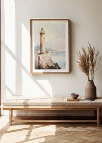 Un manifesto raffigurante un faro senza tempo in riva al mare-4