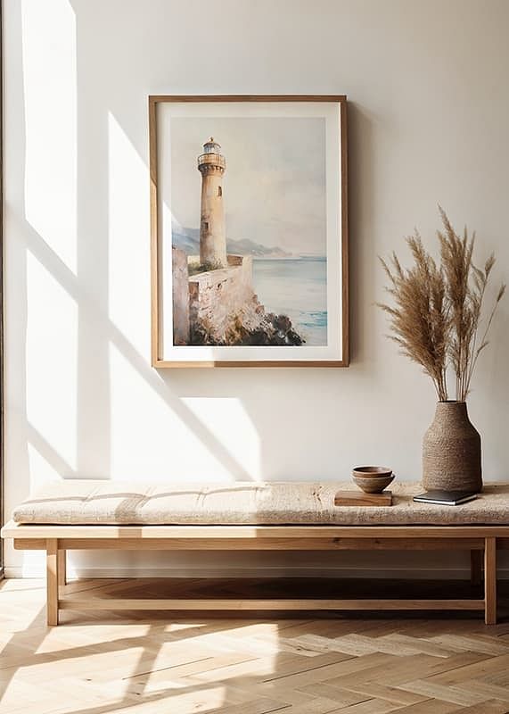 Un manifesto raffigurante un faro senza tempo in riva al mare-12
