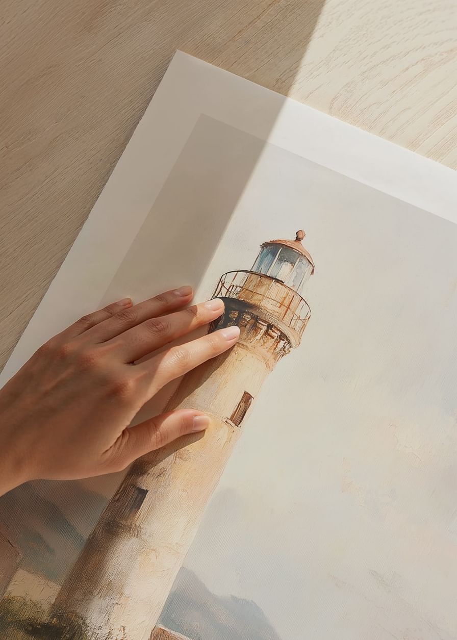 Un manifesto raffigurante un faro senza tempo in riva al mare-12