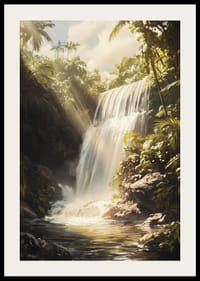 A poster depicting a sunlit waterfall surrounded by lush jungle-2