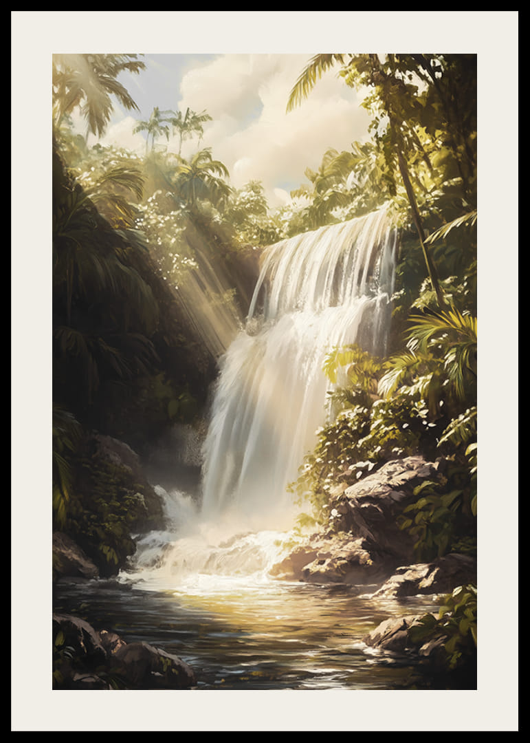 A poster depicting a sunlit waterfall surrounded by lush jungle-12
