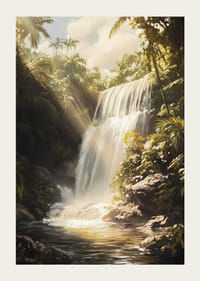 A poster depicting a sunlit waterfall surrounded by lush jungle-3