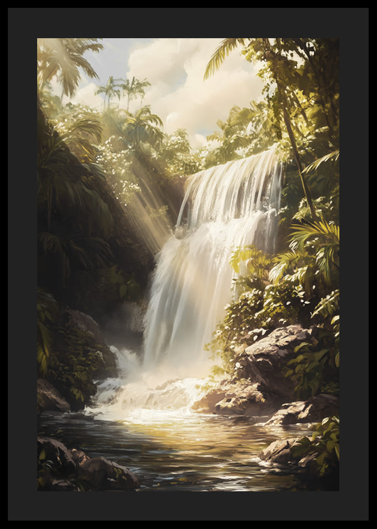 A poster depicting a sunlit waterfall surrounded by lush jungle-12