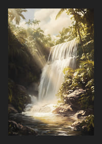 A poster depicting a sunlit waterfall surrounded by lush jungle-5