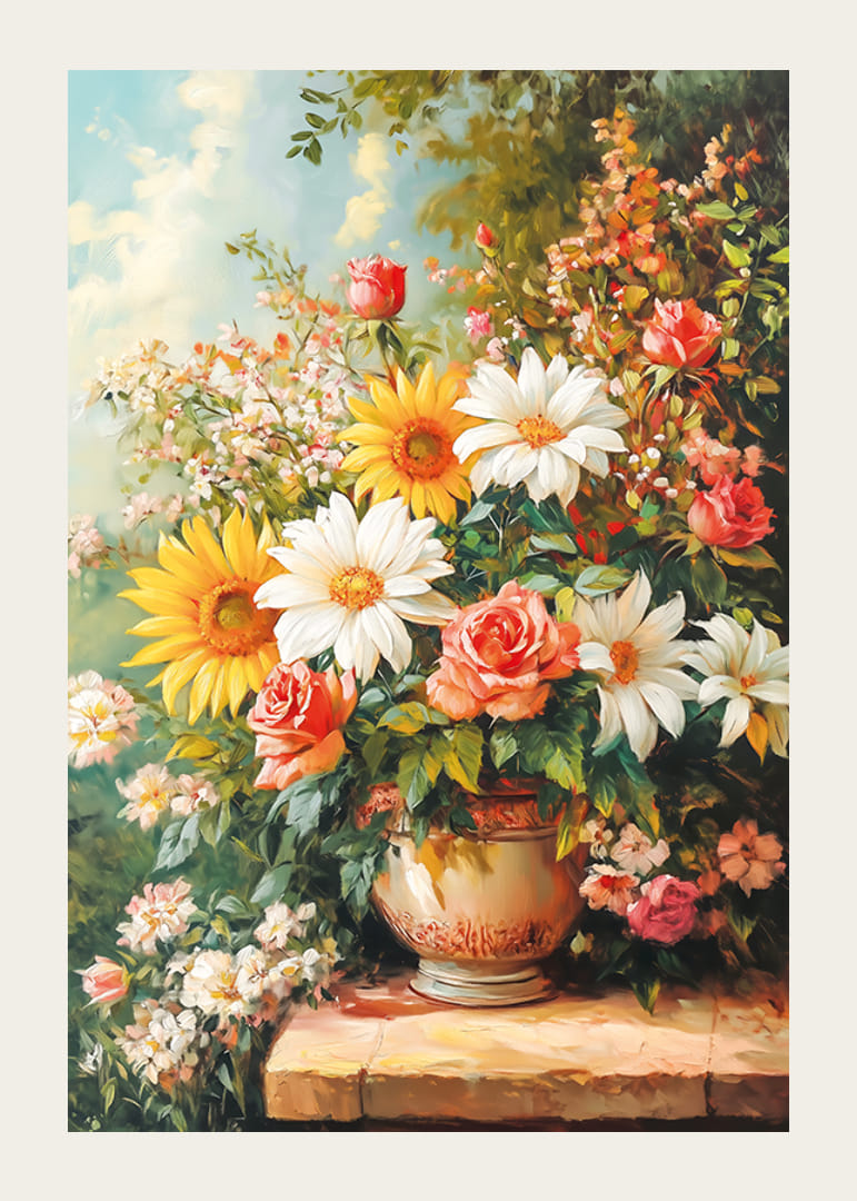 En poster som skildrar en strålande bukett av blommor i varma nyanser-12