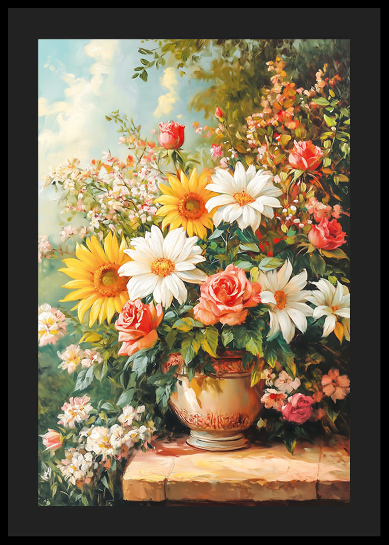 En poster som skildrar en strålande bukett av blommor i varma nyanser-12