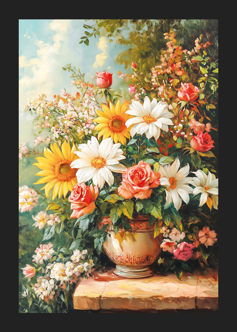 En poster som skildrar en strålande bukett av blommor i varma nyanser-12