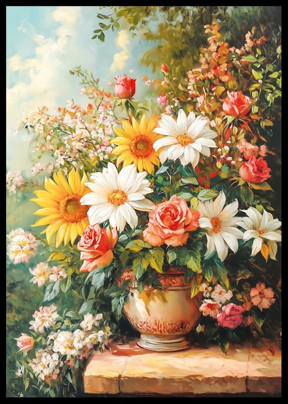 Ein Poster mit einem strahlenden Blumenstrauß in warmen Farbtönen-12