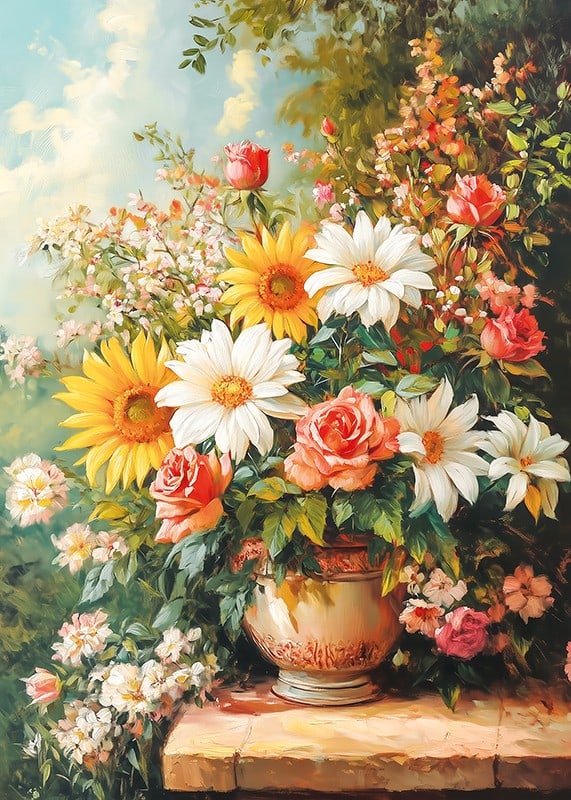 Ein Poster mit einem strahlenden Blumenstrauß in warmen Farbtönen-12