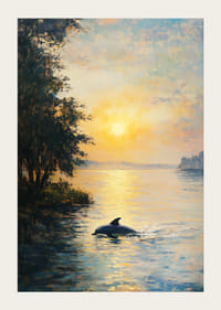 Un afiș care înfățișează un delfin alunecând prin ape sărutate de soare într-un apus magic-3