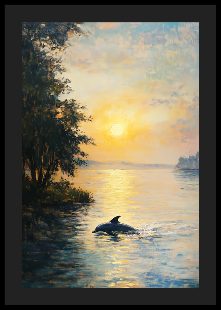 Un afiș care înfățișează un delfin alunecând prin ape sărutate de soare într-un apus magic-12
