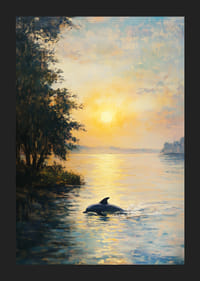 Un afiș care înfățișează un delfin alunecând prin ape sărutate de soare într-un apus magic-5