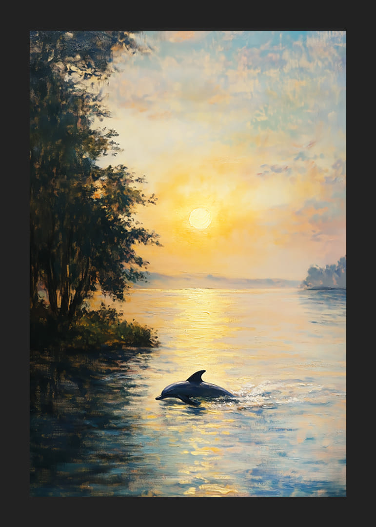 Un afiș care înfățișează un delfin alunecând prin ape sărutate de soare într-un apus magic-12