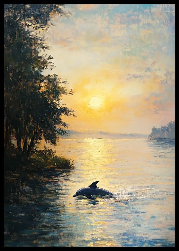 A poster depicting a dolphin gliding through sun-kissed waters in a magical sunset-12