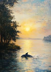 A poster depicting a dolphin gliding through sun-kissed waters in a magical sunset-3