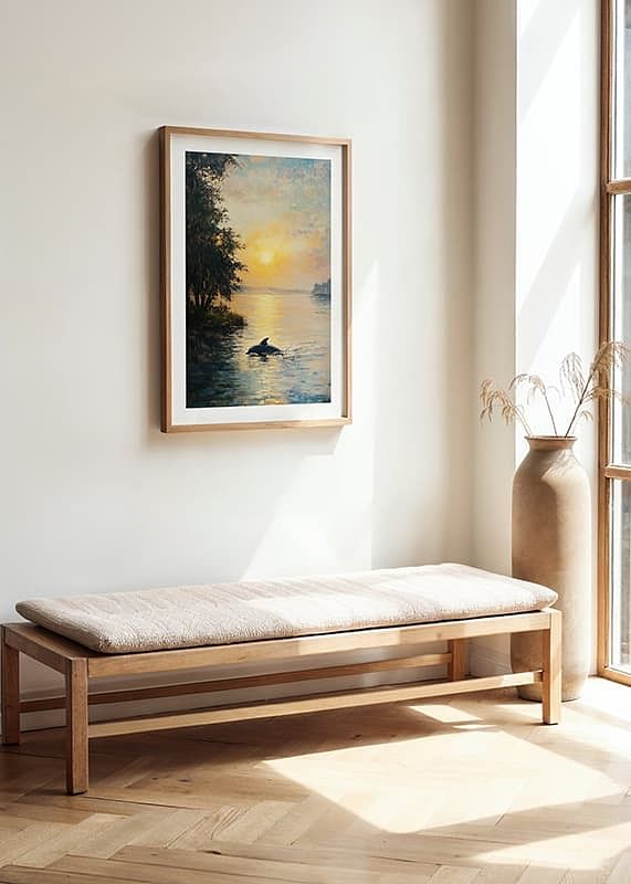 A poster depicting a dolphin gliding through sun-kissed waters in a magical sunset-12