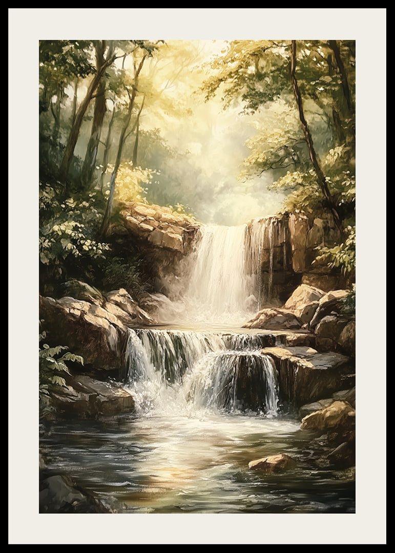 A poster depicting a sunlit waterfall surrounded by lush greenery-12