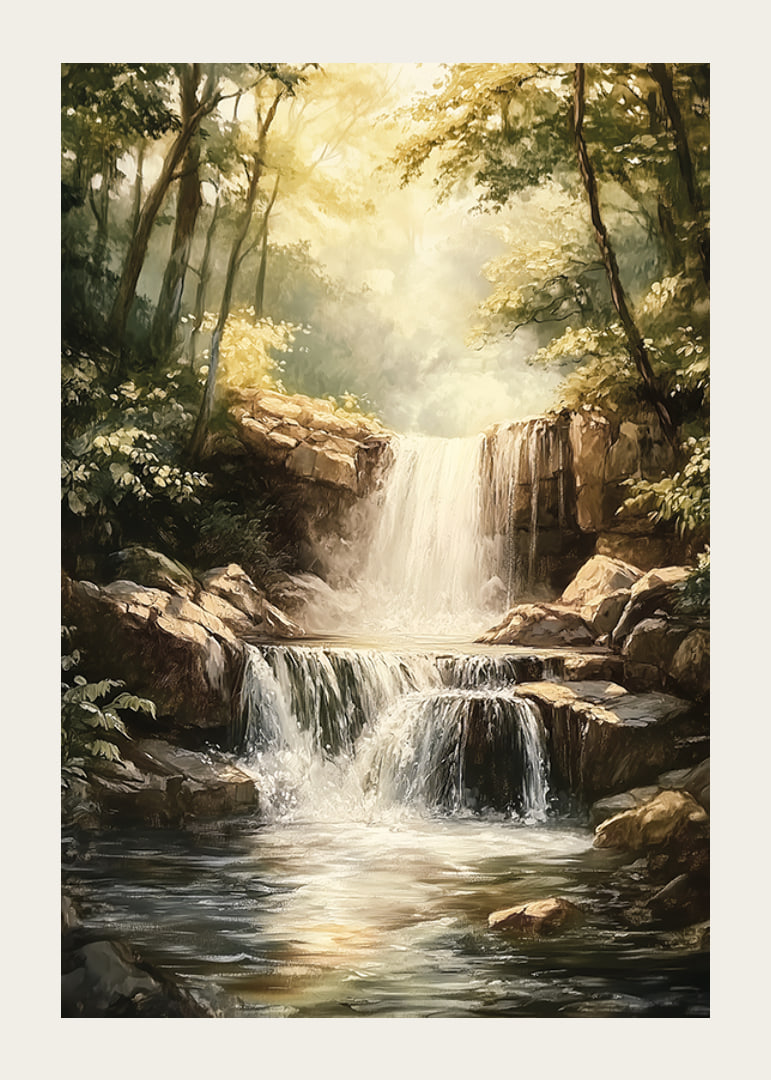 A poster depicting a sunlit waterfall surrounded by lush greenery-12