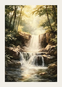 En poster som skildrar ett solbelyst vattenfall omgivet av lummig grönska-3
