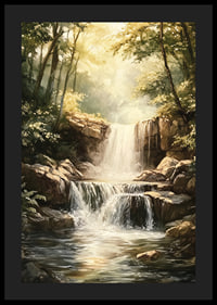 A poster depicting a sunlit waterfall surrounded by lush greenery-4