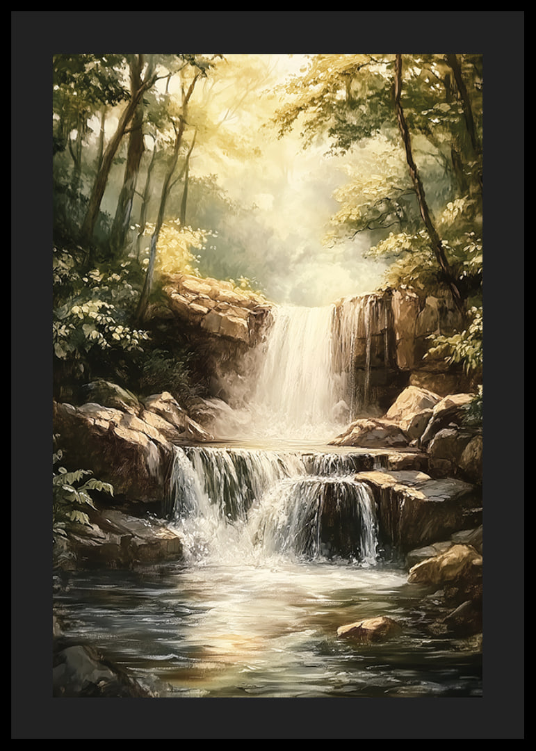 A poster depicting a sunlit waterfall surrounded by lush greenery-12