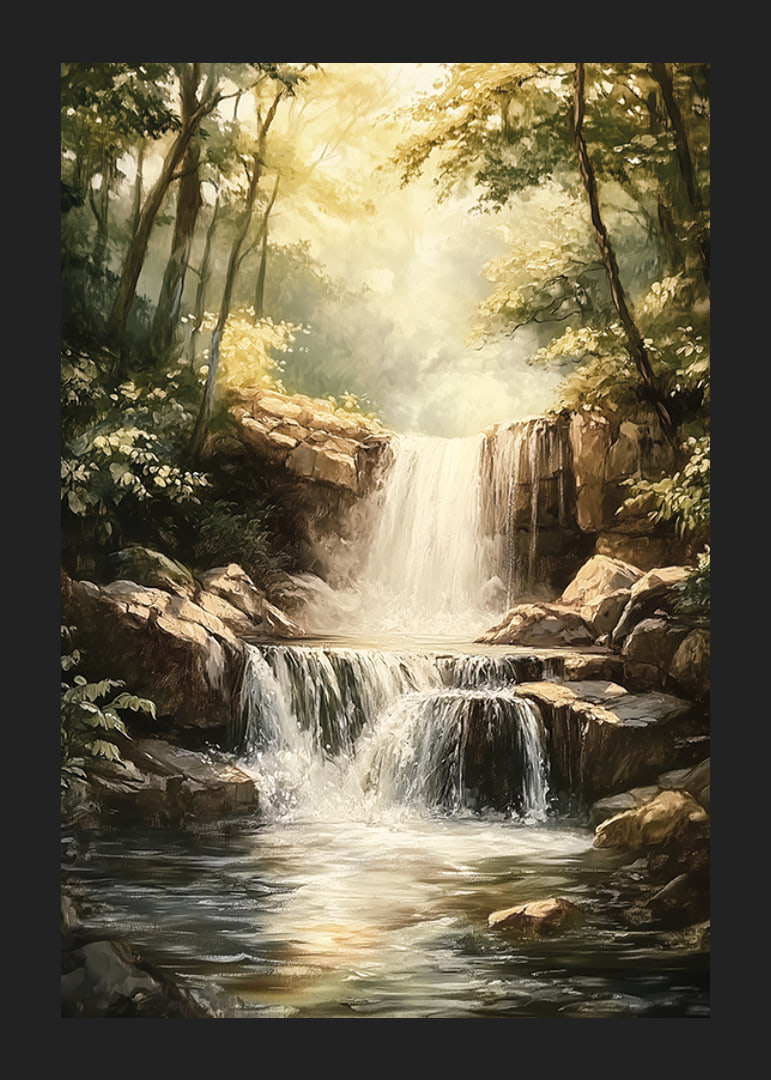 A poster depicting a sunlit waterfall surrounded by lush greenery-12