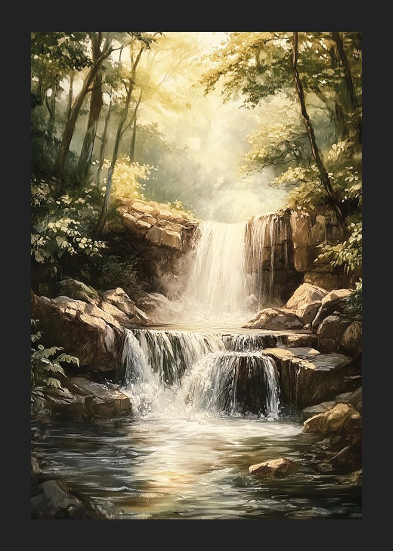 En poster som skildrar ett solbelyst vattenfall omgivet av lummig grönska-12