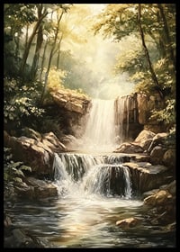 A poster depicting a sunlit waterfall surrounded by lush greenery-6