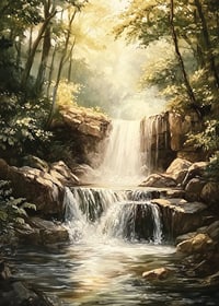 A poster depicting a sunlit waterfall surrounded by lush greenery-7