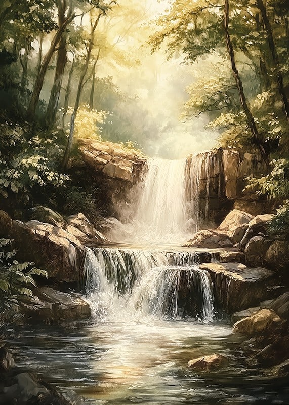 A poster depicting a sunlit waterfall surrounded by lush greenery-12