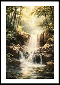 A poster depicting a sunlit waterfall surrounded by lush greenery-0