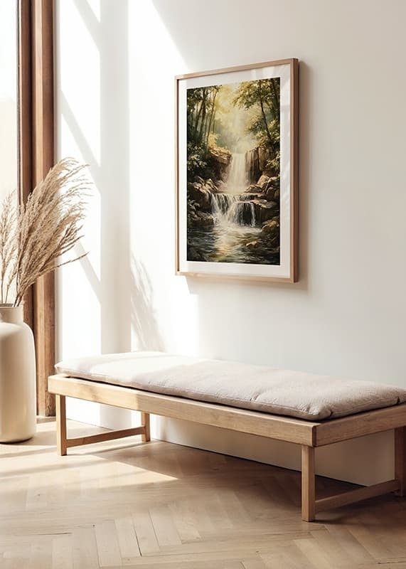 A poster depicting a sunlit waterfall surrounded by lush greenery-12
