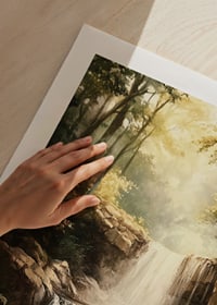 A poster depicting a sunlit waterfall surrounded by lush greenery-9