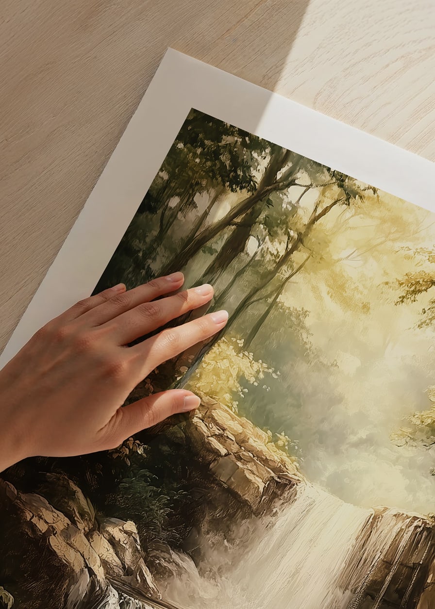 A poster depicting a sunlit waterfall surrounded by lush greenery-12