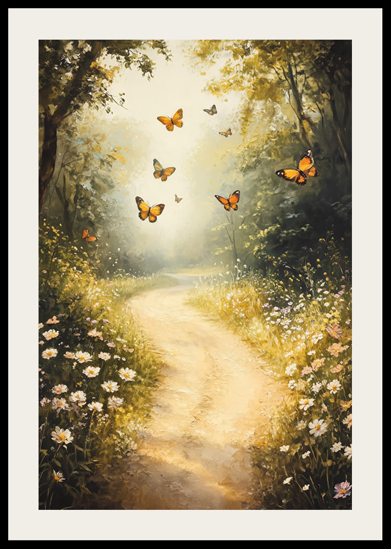 En poster som skildrar en solbelyst skogsstig, där fjärilar dansar bland vilda blommor -12