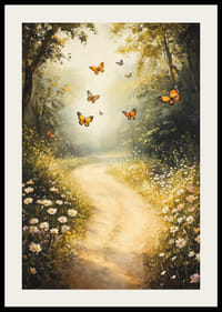A poster depicting a sunlit forest path, where butterflies dance among wildflowers -2