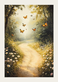 A poster depicting a sunlit forest path, where butterflies dance among wildflowers -3