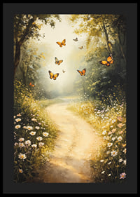 En poster som skildrar en solbelyst skogsstig, där fjärilar dansar bland vilda blommor -4