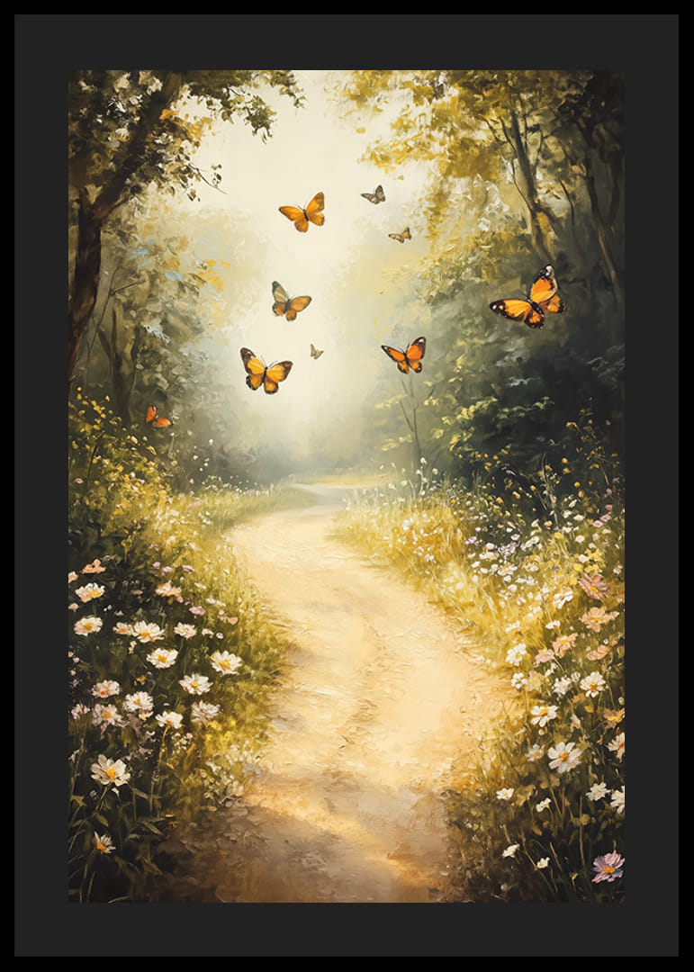 A poster depicting a sunlit forest path, where butterflies dance among wildflowers -12