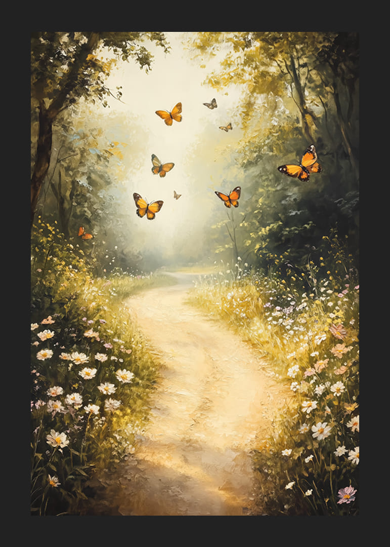 A poster depicting a sunlit forest path, where butterflies dance among wildflowers -12