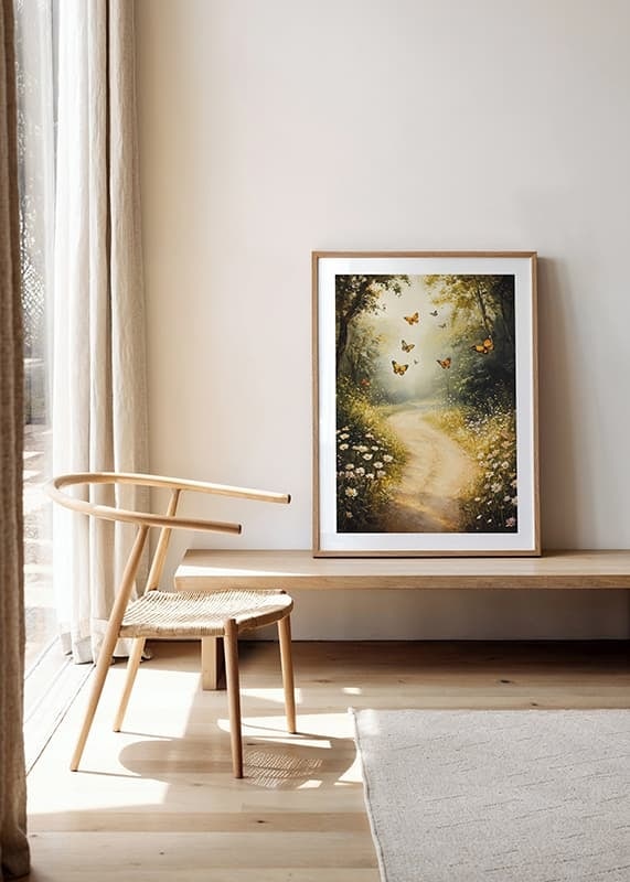 En poster som skildrar en solbelyst skogsstig, där fjärilar dansar bland vilda blommor -12