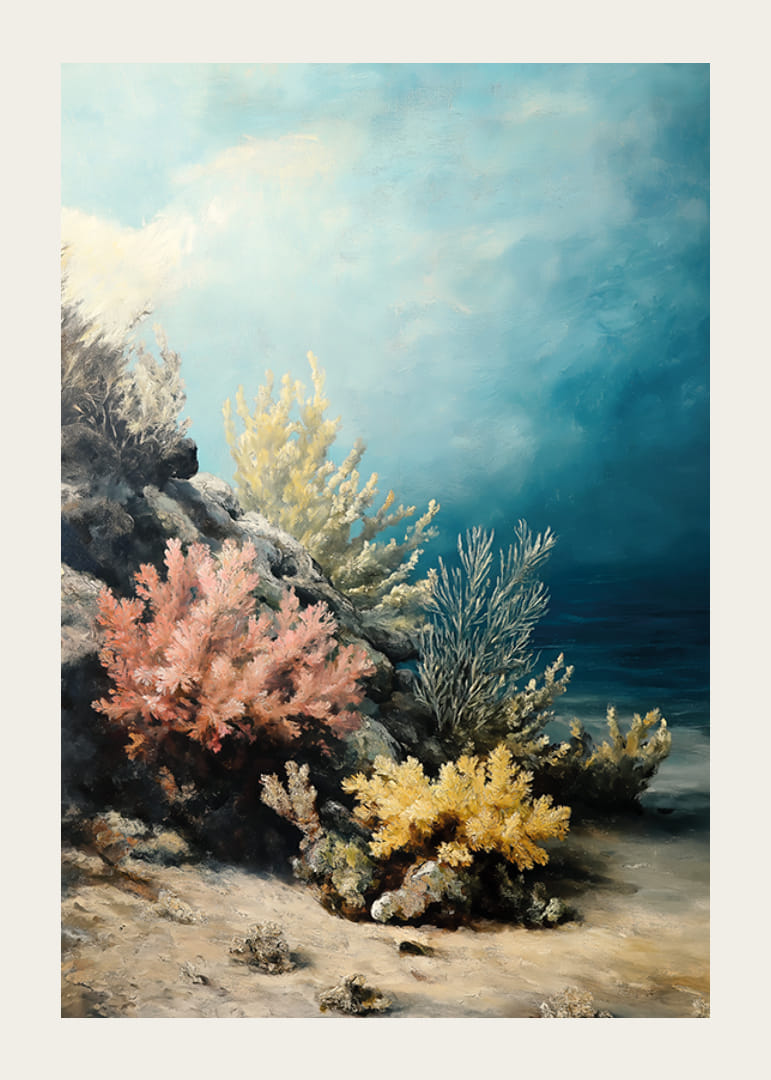 Plagát zobrazujúci farebnú koralovú záhradu v pokojných krištáľovo čistých hlbinách oceánu-12