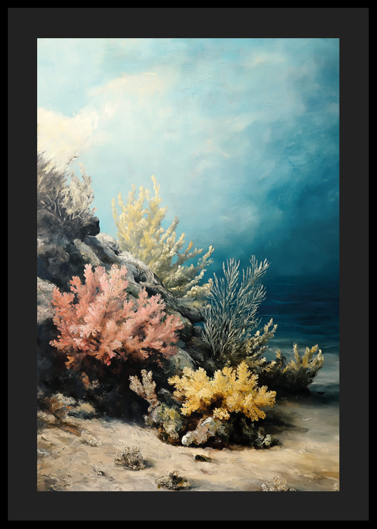 Plagát zobrazujúci farebnú koralovú záhradu v pokojných krištáľovo čistých hlbinách oceánu-12