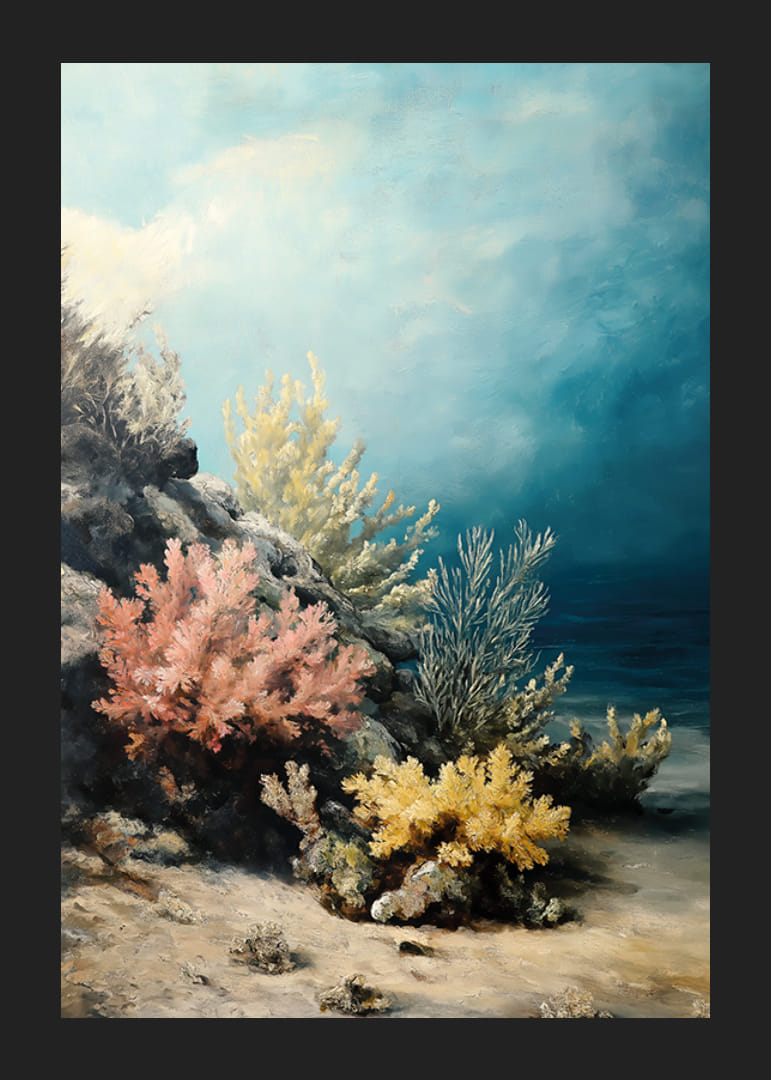 Plagát zobrazujúci farebnú koralovú záhradu v pokojných krištáľovo čistých hlbinách oceánu-12