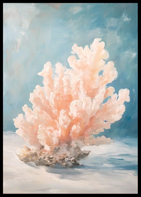 A poster depicting a soft pink coral against a calm ocean depth-12